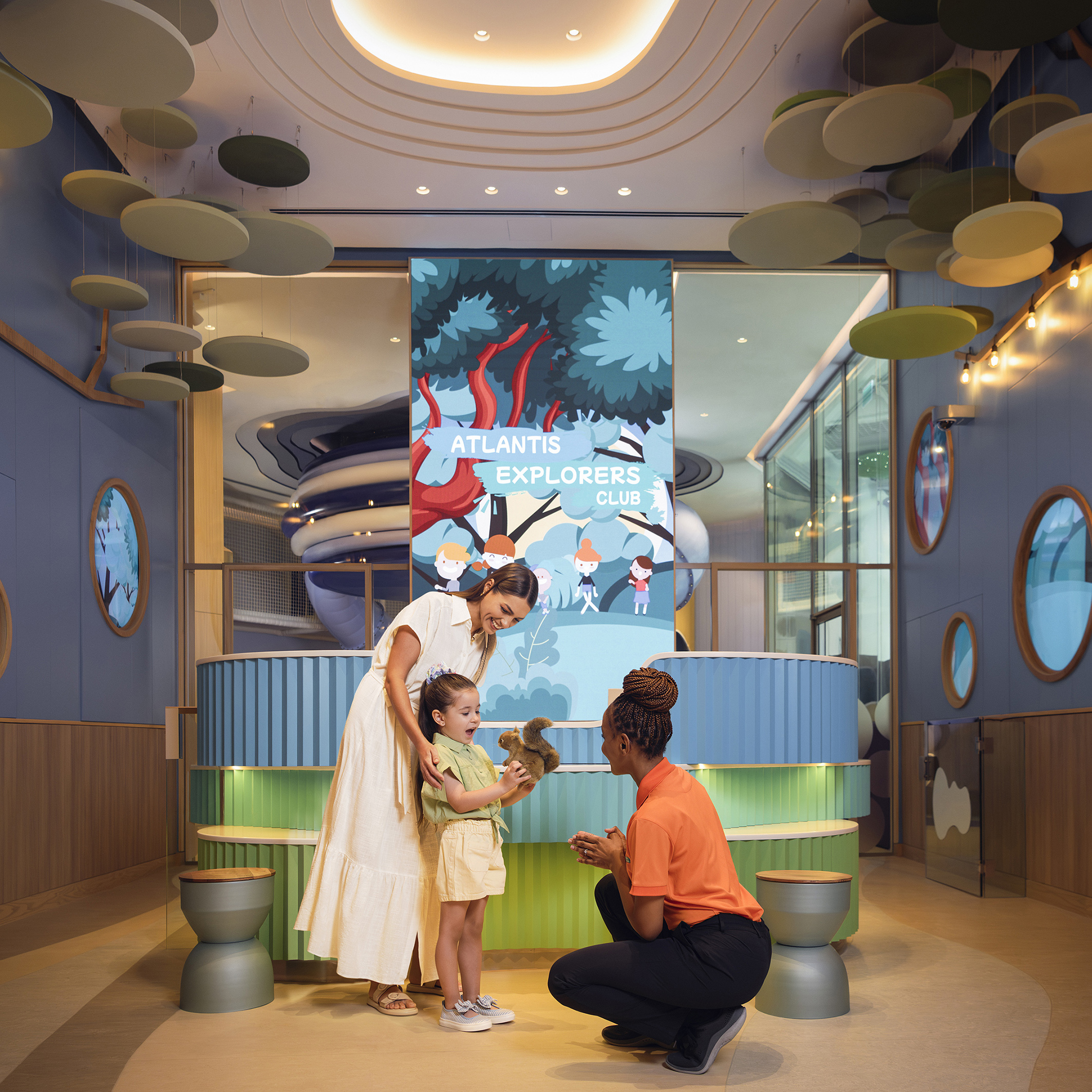 ‘Bubble’ shaped panels conceal dynamic signage that can be changed to suit the seasonal theming used in the Kids Club.