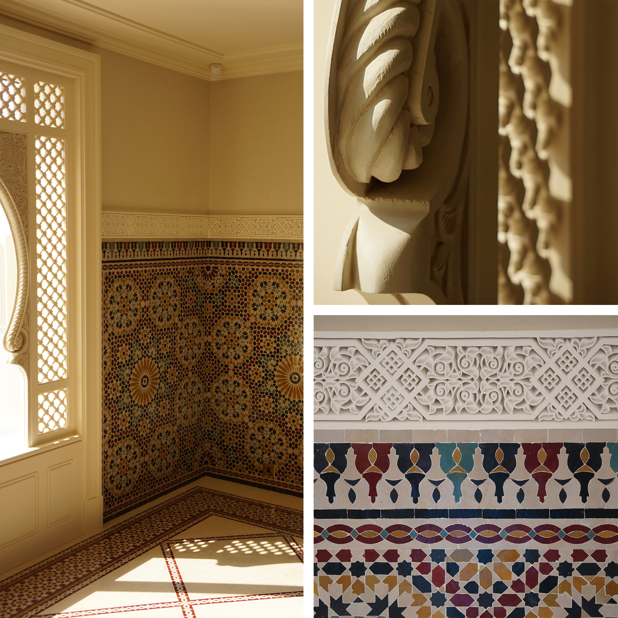 Hand carved screens frame the window openings.  Hand carved gypsum frieze extends above the handmade zellij tiles in the Dining Room. Patterns were co-ordinated to terminate symmetrically in the corners of the room.