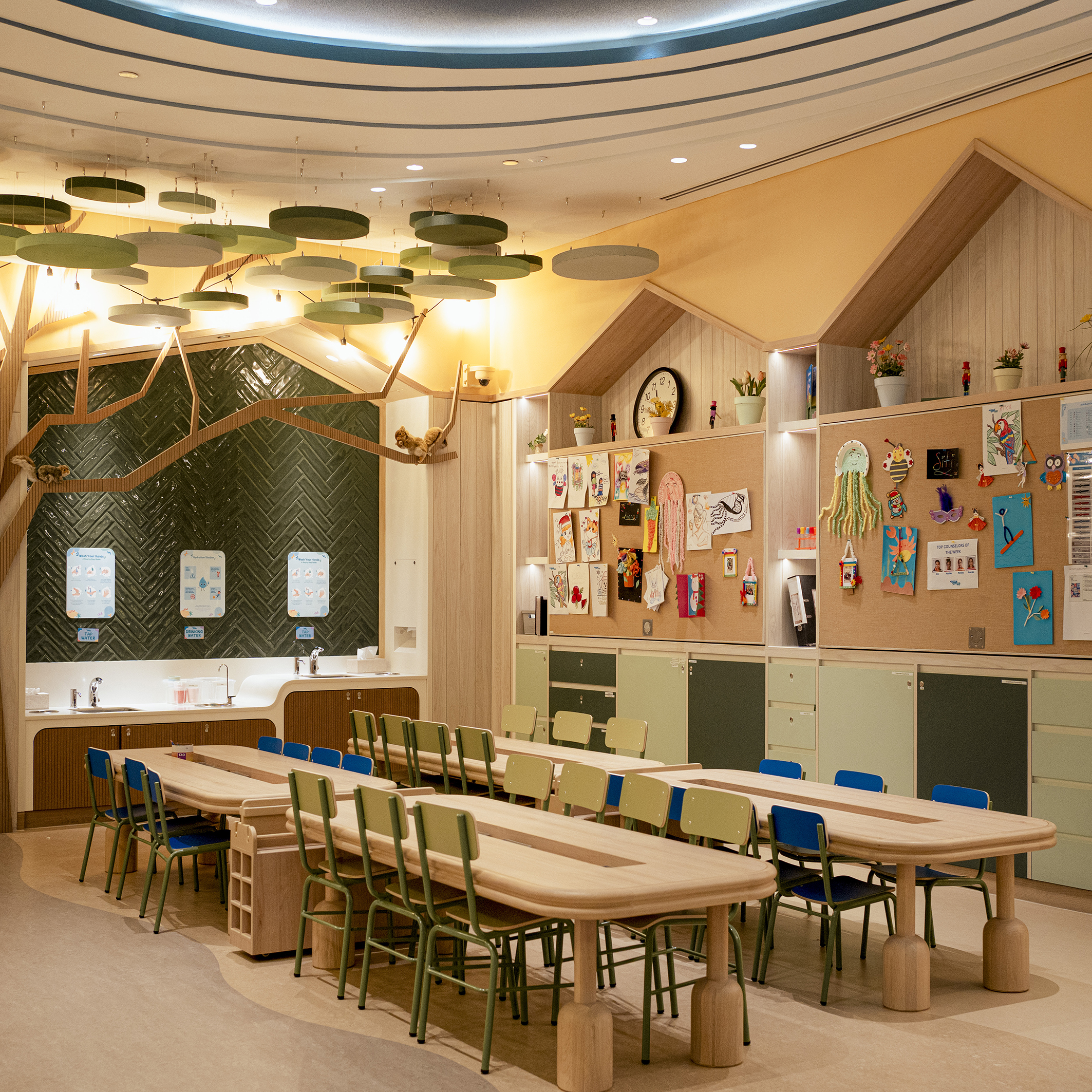 The Crafts Room is core to the Kids club.  Custom tables provide flexible configurations.  Dawsons were responsible for all ID and FF&E elements.