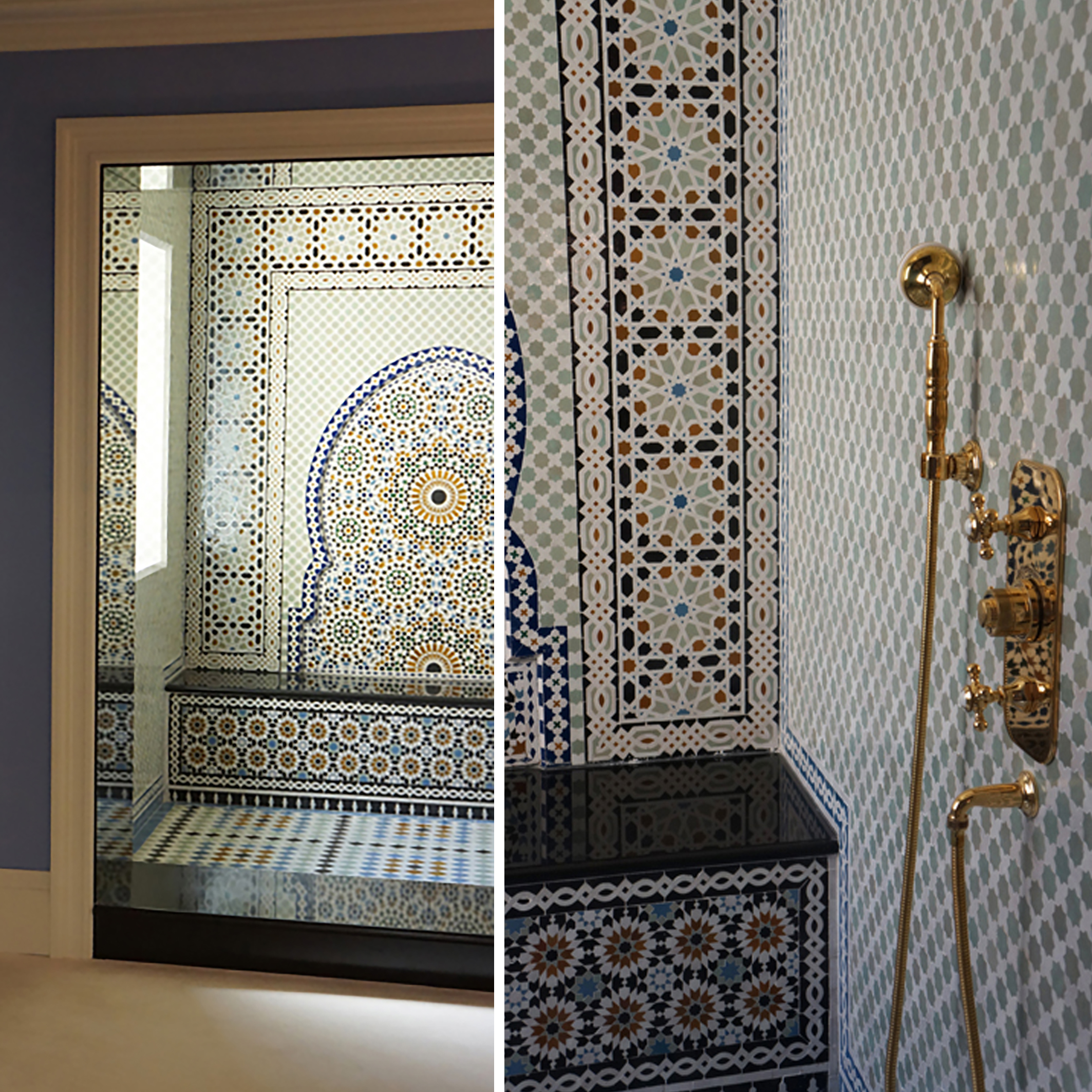 The large walk-in shower features custom handmade zellij tiles.