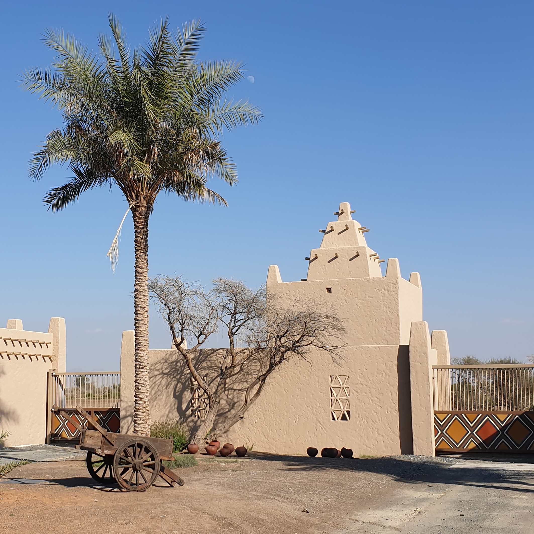 The double gated buildings separate the pedestrian and animal areas.  Patterns from traditional fabric were used to provide geographical context for the buildings.