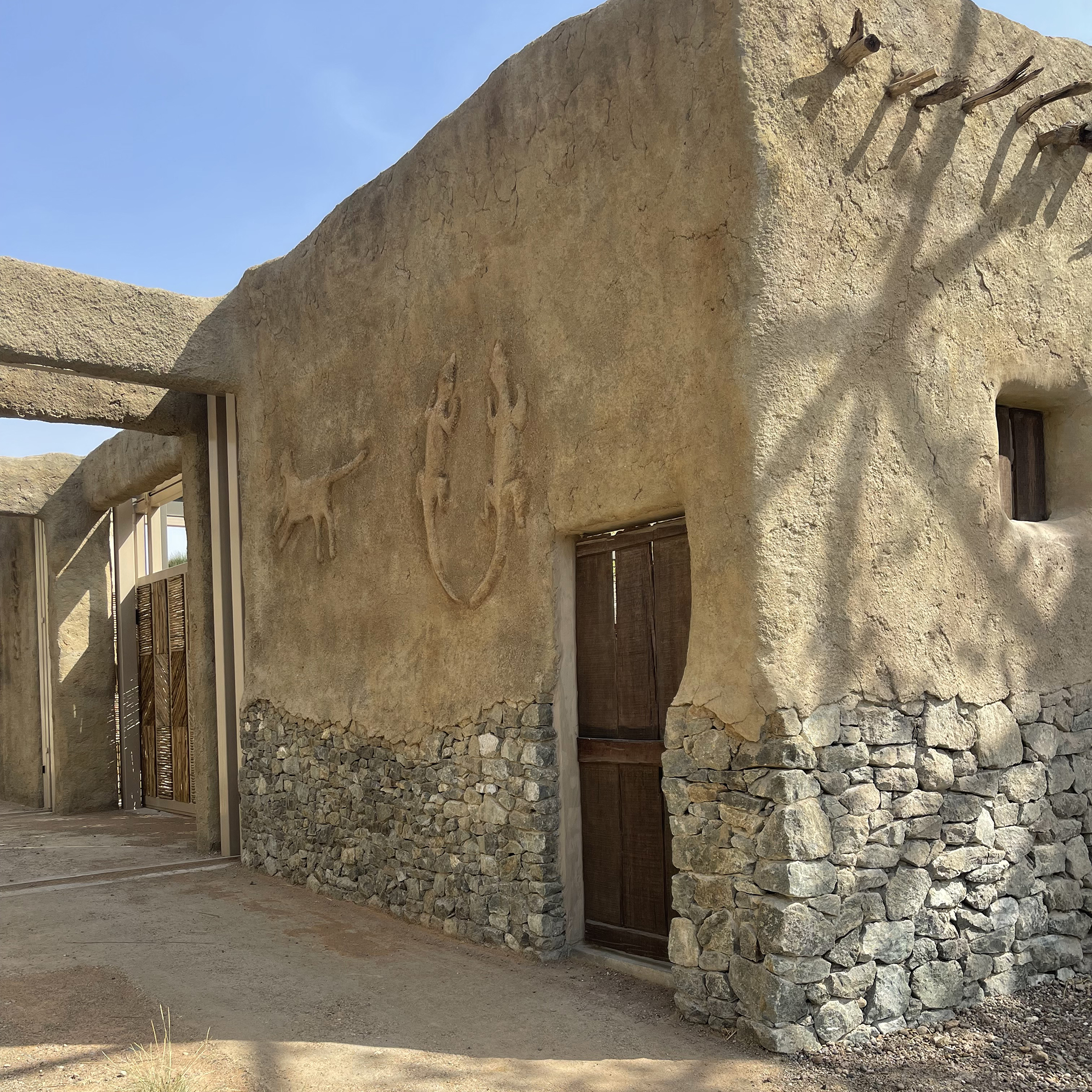 Details of the Theming on the drive through the elephant exhibit. The theming was modelled on the buildings of the Dogon Tribe in Mali.