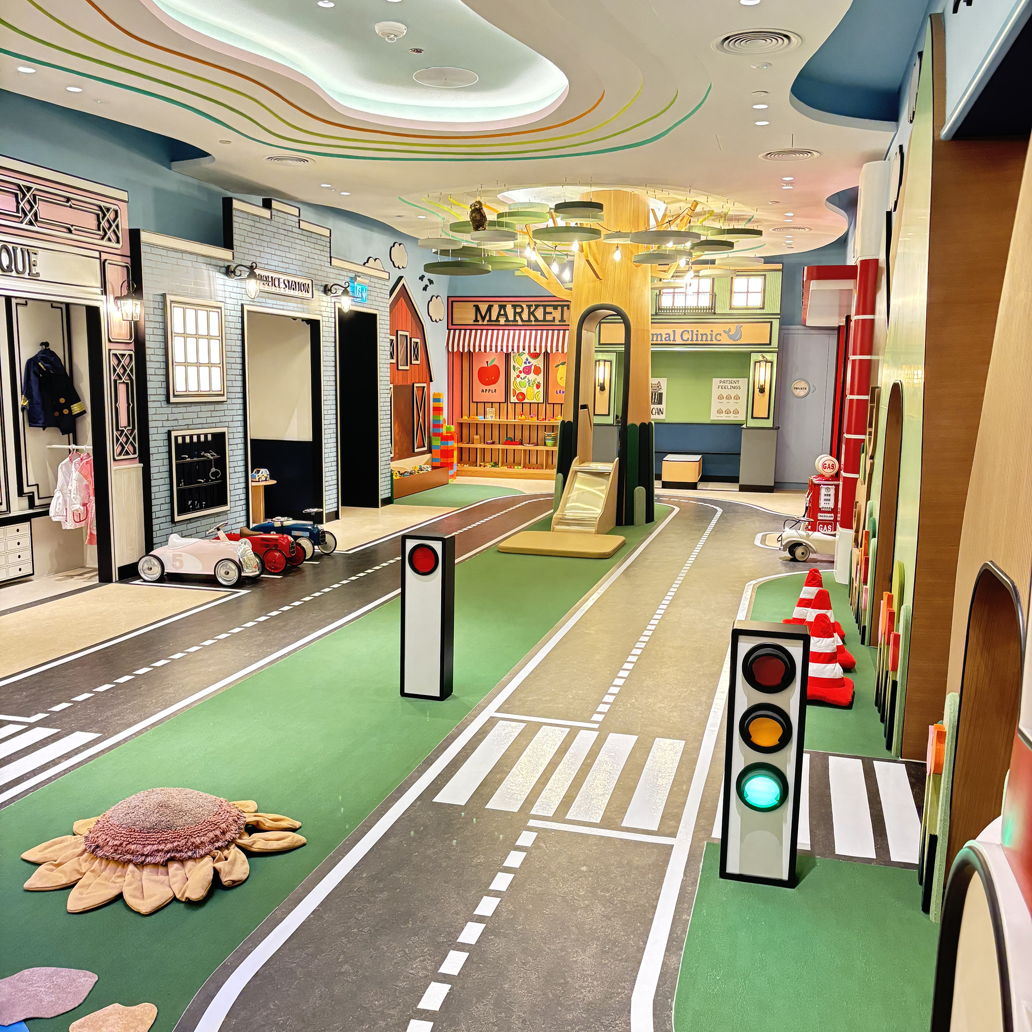 The Village is a popular roll-play area for the smaller guests. The village has a Fire Station, Boutique, Police Station, Farmyard, Market, Animal Clinic, Garage and Ice Cream Van for a multitude of Role Play experiences. Dawsons were responsible for all aspects of the theming, ID, and FF&E.