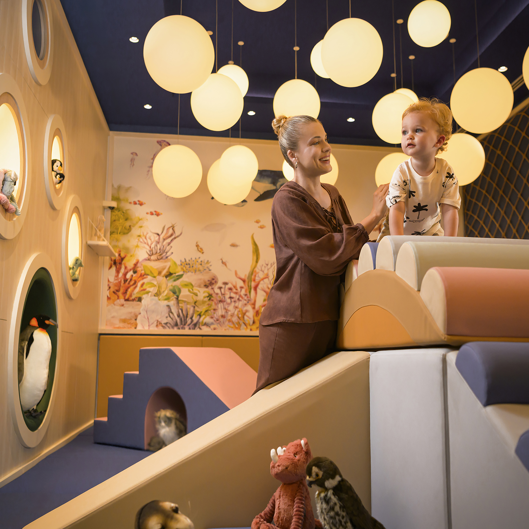 The Toddler Soft Play has a nautical theme.  Dawsons worked closely with the specialist play equipment supplier to ensure that the end result tied in with the initial concepts. Dawsons were responsible for all ID and FF&E elements.